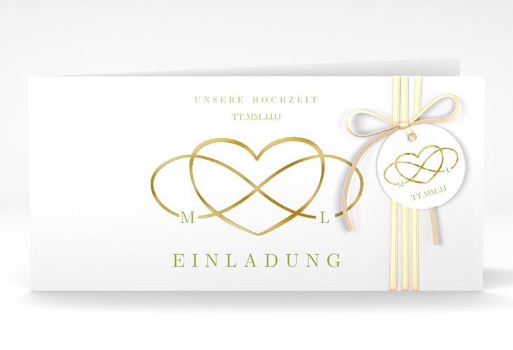 Hochzeitseinladung Infinity lange Klappkarte quer gruen gold