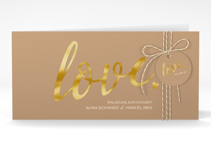 Hochzeitseinladung Glam lange Klappkarte quer beige gold