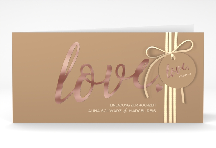 Hochzeitseinladung Glam lange Klappkarte quer beige rosegold