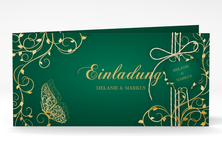 Hochzeitseinladung Eternity lange Klappkarte quer gruen gold