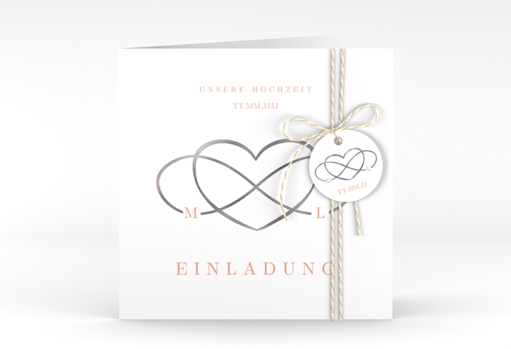 Hochzeitseinladung Infinity quadr. Klappkarte apricot silber