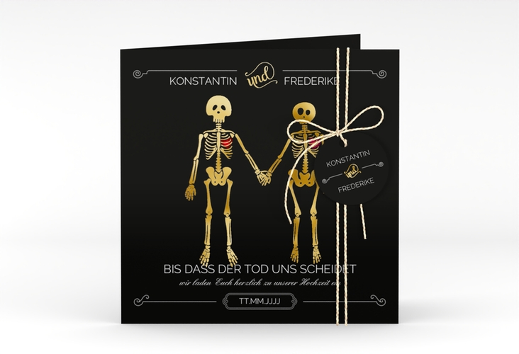 Hochzeitseinladung Bones quadr. Klappkarte schwarz gold