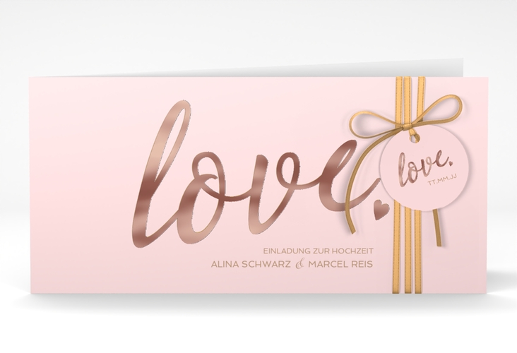 Hochzeitseinladung Glam lange Klappkarte quer rosa rosegold