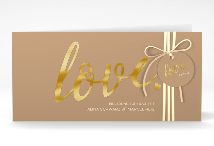 Hochzeitseinladung Glam lange Klappkarte quer beige gold