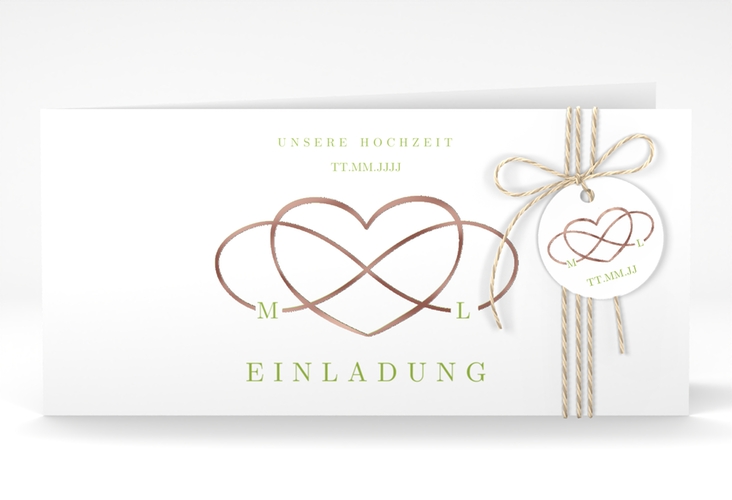 Hochzeitseinladung Infinity lange Klappkarte quer gruen rosegold