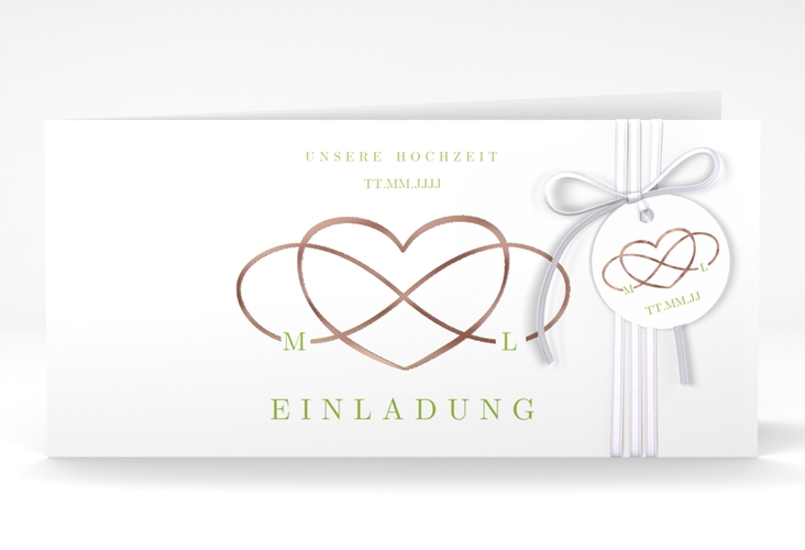 Hochzeitseinladung Infinity lange Klappkarte quer gruen rosegold