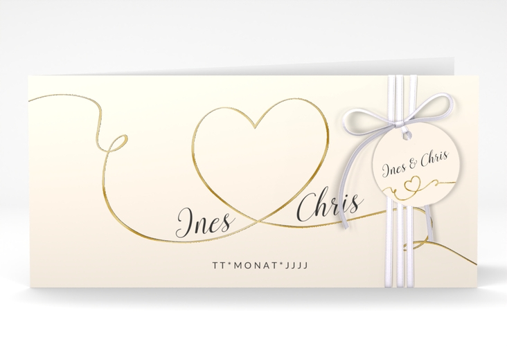 Hochzeitseinladung Dolce lange Klappkarte quer beige gold