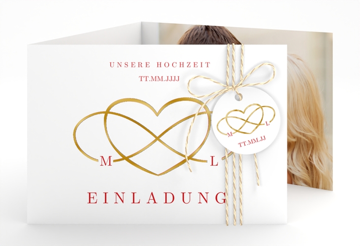 Hochzeitseinladung Infinity A6 Doppel-Klappkarte rot gold