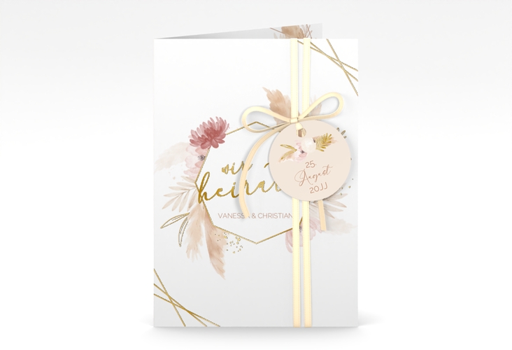 Einladungskarte Hochzeit Bohostyle A6 Klappkarte hoch beige gold mit Pampasgras in Aquarell