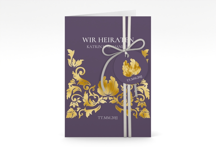 Einladungskarte Hochzeit Royal A6 Klappkarte hoch lila gold mit barockem Blumen-Ornament