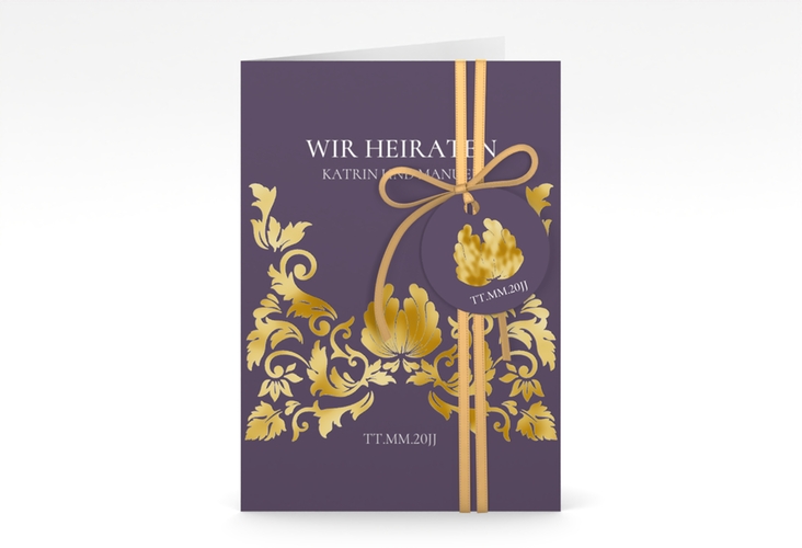 Einladungskarte Hochzeit Royal A6 Klappkarte hoch lila gold mit barockem Blumen-Ornament