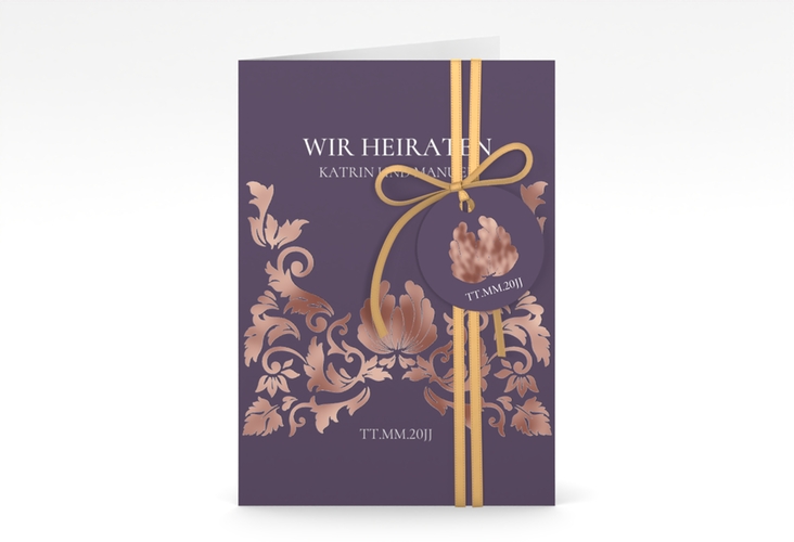 Einladungskarte Hochzeit Royal A6 Klappkarte hoch lila rosegold mit barockem Blumen-Ornament