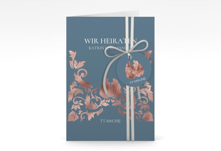 Einladungskarte Hochzeit Royal A6 Klappkarte hoch blau rosegold mit barockem Blumen-Ornament