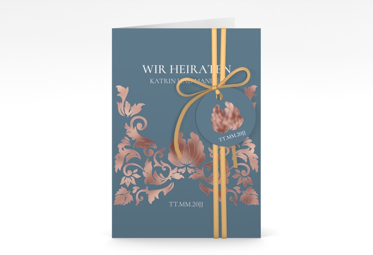 Einladungskarte Hochzeit Royal A6 Klappkarte hoch blau rosegold mit barockem Blumen-Ornament