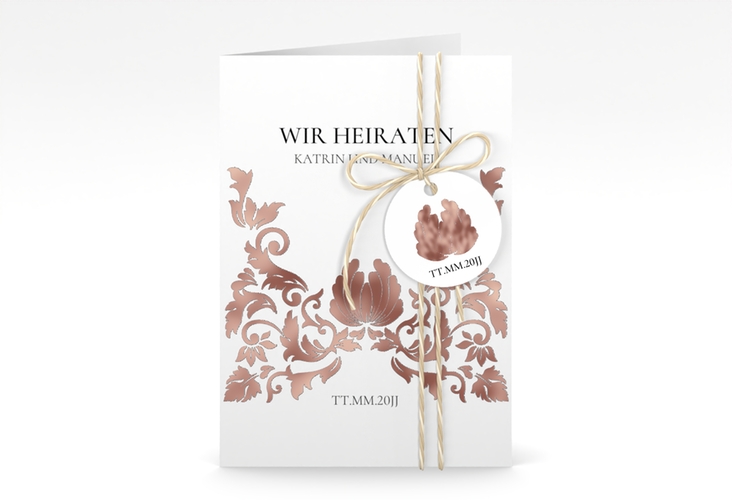 Einladungskarte Hochzeit Royal A6 Klappkarte hoch weiss rosegold mit barockem Blumen-Ornament