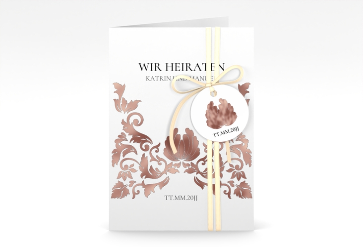 Einladungskarte Hochzeit Royal A6 Klappkarte hoch weiss rosegold mit barockem Blumen-Ornament