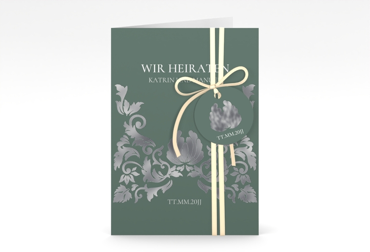 Einladungskarte Hochzeit Royal A6 Klappkarte hoch gruen silber mit barockem Blumen-Ornament