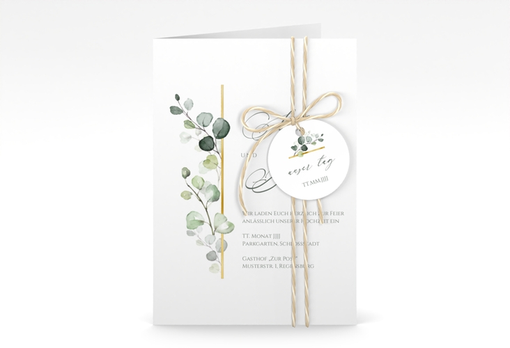 Einladungskarte Hochzeit Adelya A6 Klappkarte hoch weiss gold elegant mit Eukalyptus-Motiv