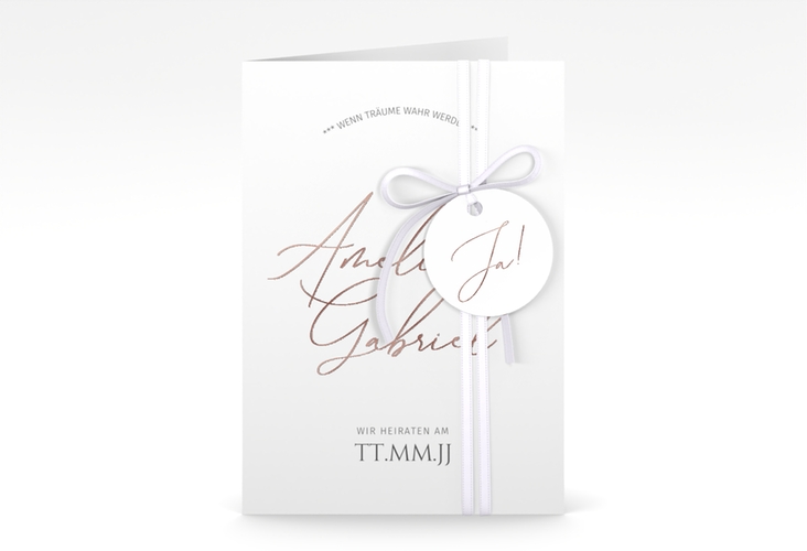 Einladungskarte Hochzeit Federschrift A6 Klappkarte hoch weiss rosegold in schlichtem Design mit Kalligrafie