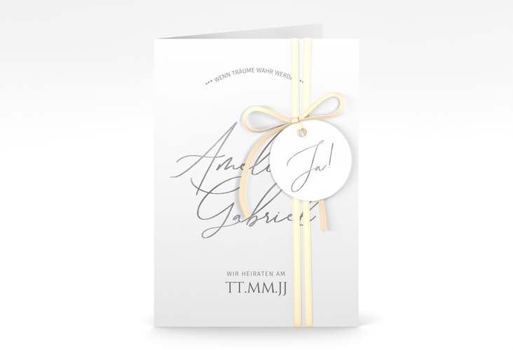 Einladungskarte Hochzeit Federschrift A6 Klappkarte hoch weiss silber in schlichtem Design mit Kalligrafie