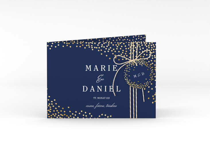 Hochzeitseinladung Glitter A6 Klappkarte quer blau gold