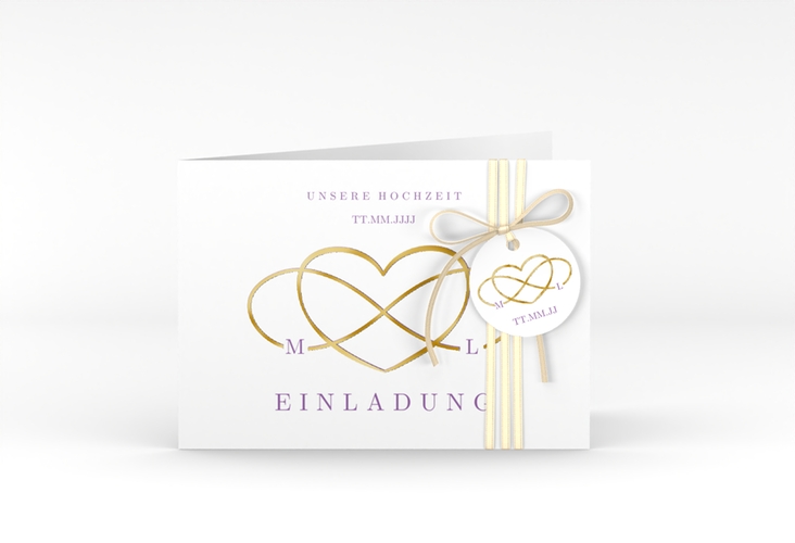 Hochzeitseinladung Infinity A6 Klappkarte quer lila gold