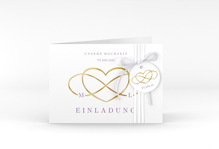 Hochzeitseinladung Infinity A6 Klappkarte quer lila gold