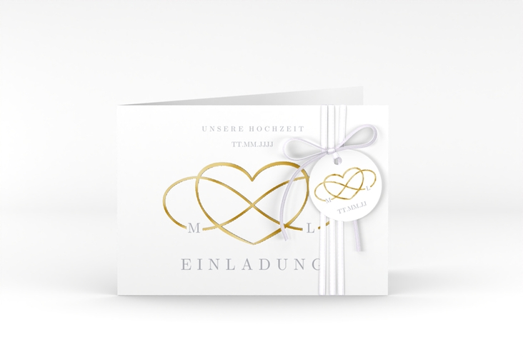 Hochzeitseinladung Infinity A6 Klappkarte quer grau gold