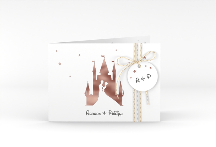 Hochzeitseinladung Castle A6 Klappkarte quer grau rosegold