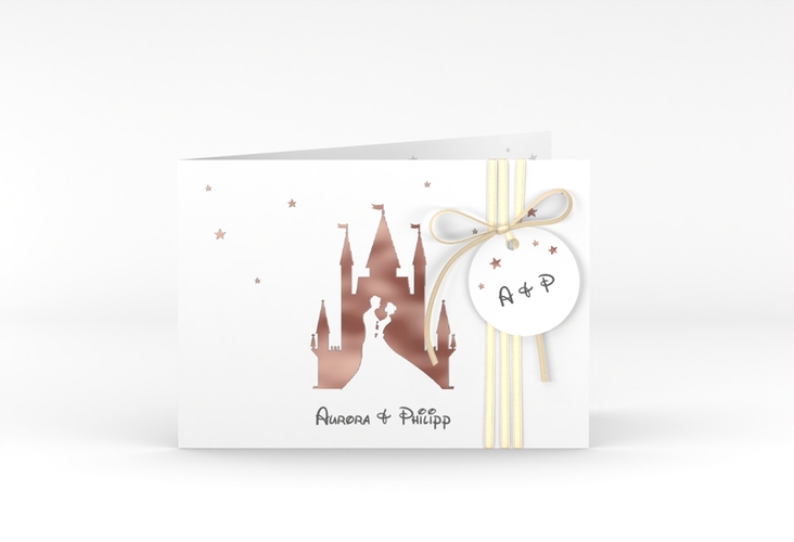 Hochzeitseinladung Castle A6 Klappkarte quer grau rosegold