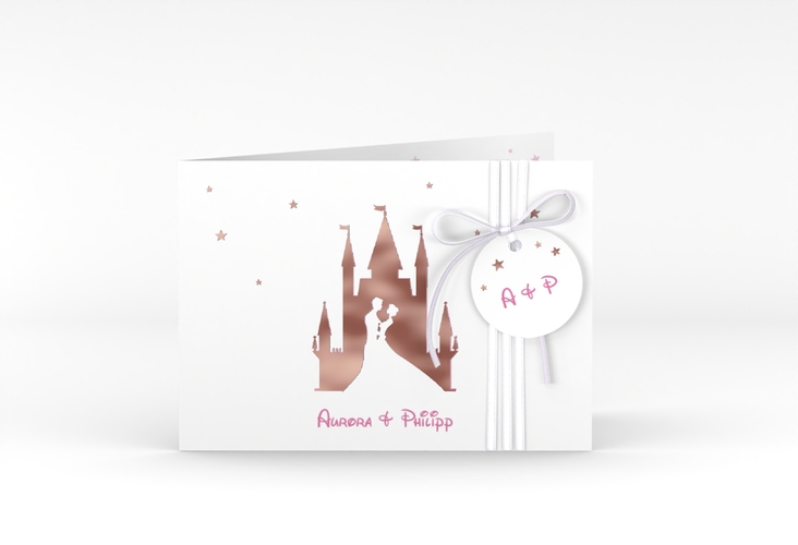 Hochzeitseinladung Castle A6 Klappkarte quer rosa rosegold