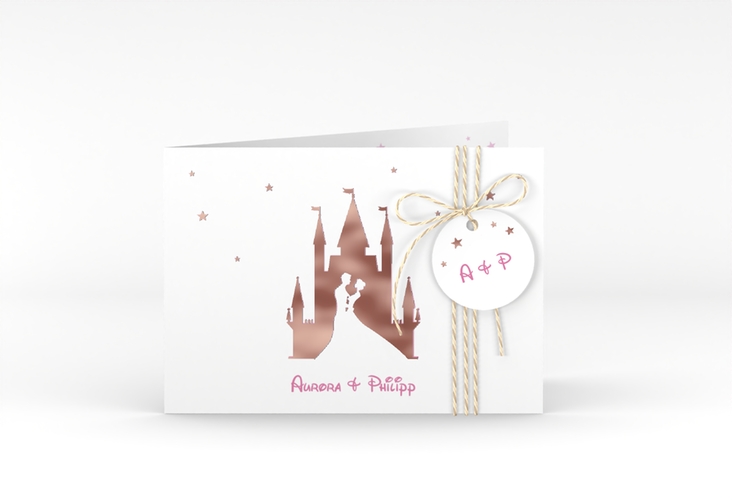 Hochzeitseinladung Castle A6 Klappkarte quer rosa rosegold