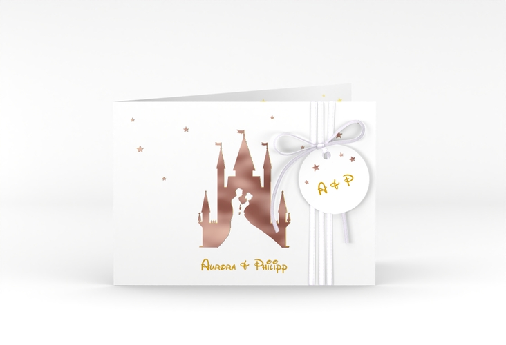 Hochzeitseinladung Castle A6 Klappkarte quer gold rosegold