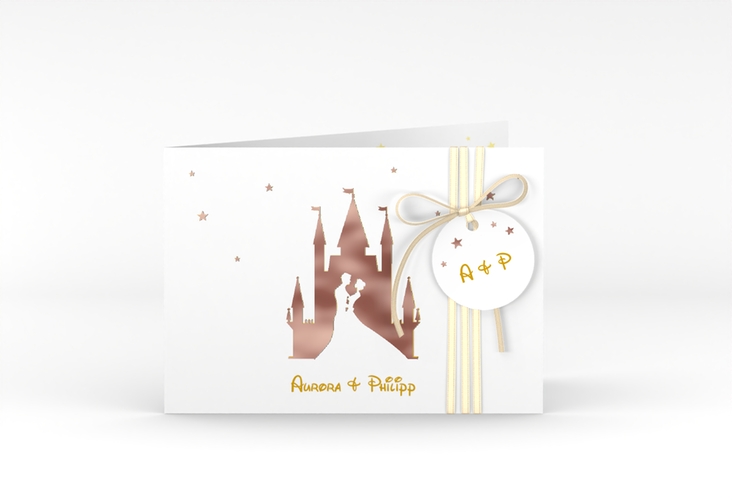 Hochzeitseinladung Castle A6 Klappkarte quer gold rosegold