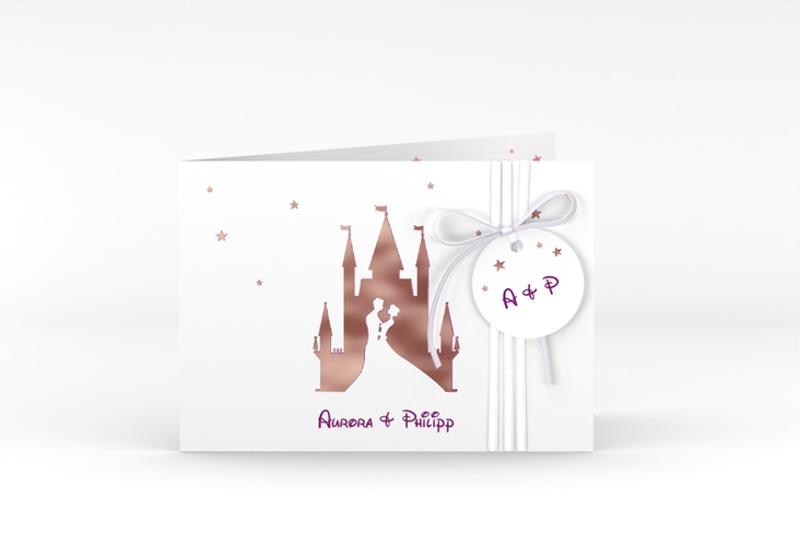 Hochzeitseinladung Castle A6 Klappkarte quer pink rosegold