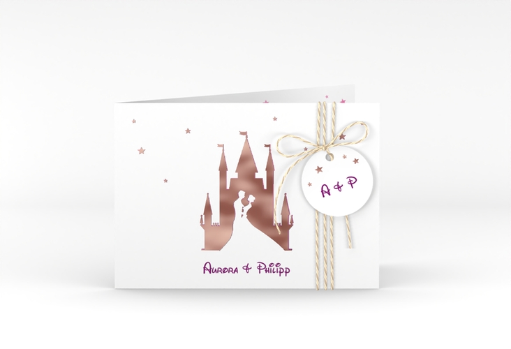 Hochzeitseinladung Castle A6 Klappkarte quer pink rosegold