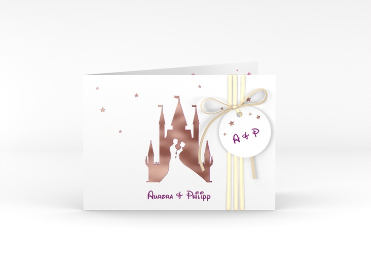 Hochzeitseinladung Castle A6 Klappkarte quer pink rosegold