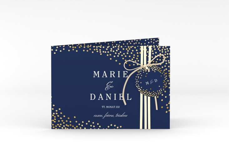 Hochzeitseinladung Glitter A6 Klappkarte quer blau gold