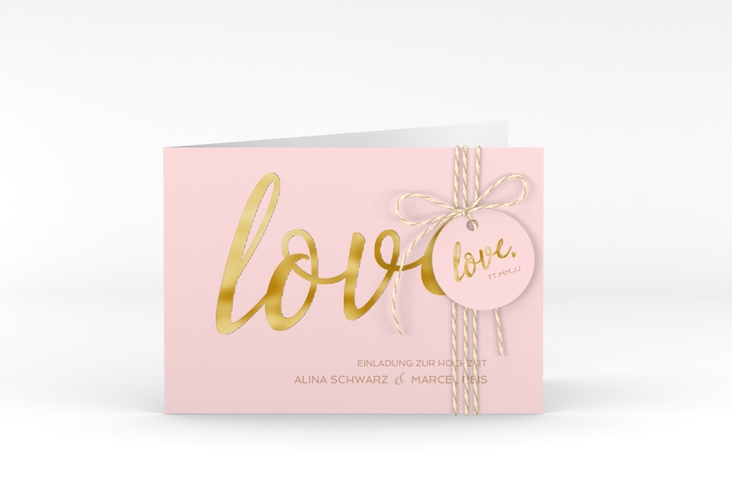 Hochzeitseinladung Glam A6 Klappkarte quer rosa gold