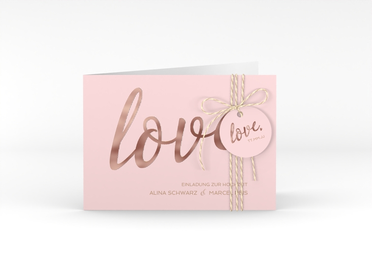 Hochzeitseinladung Glam A6 Klappkarte quer rosa rosegold