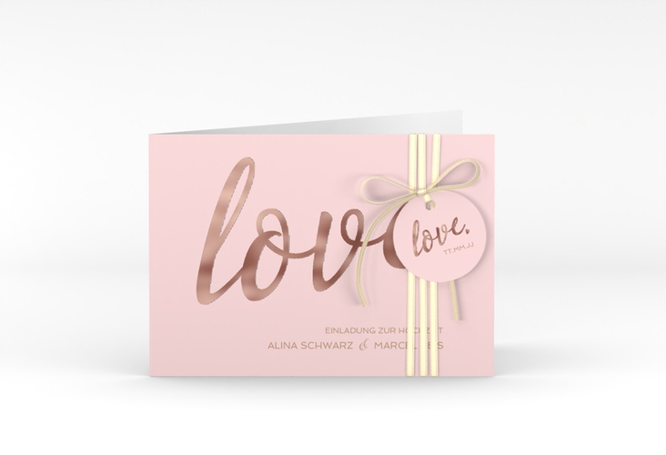 Hochzeitseinladung Glam A6 Klappkarte quer rosa rosegold