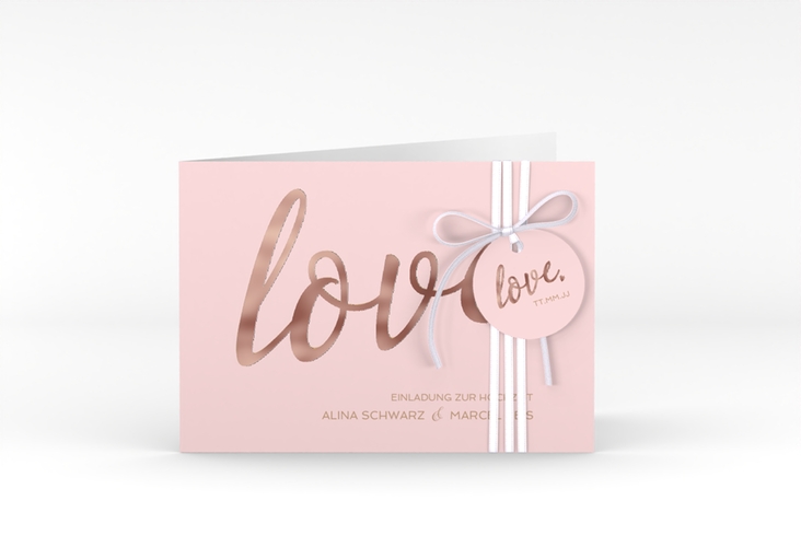 Hochzeitseinladung Glam A6 Klappkarte quer rosa rosegold