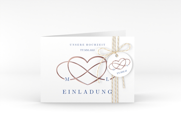 Hochzeitseinladung Infinity A6 Klappkarte quer blau rosegold