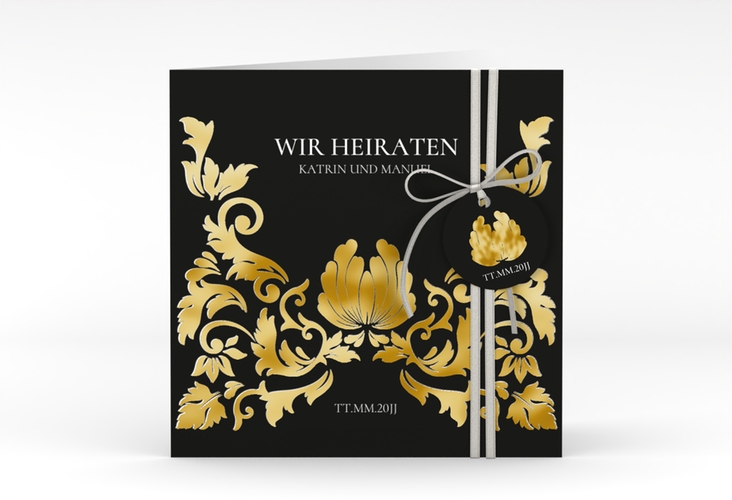 Hochzeitseinladung Royal quadr. Klappkarte schwarz gold mit barockem Blumen-Ornament