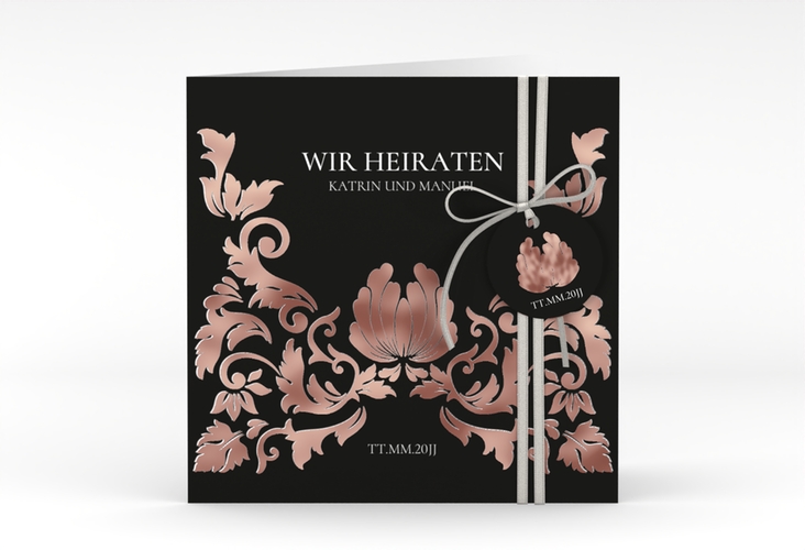 Hochzeitseinladung Royal quadr. Klappkarte schwarz rosegold mit barockem Blumen-Ornament