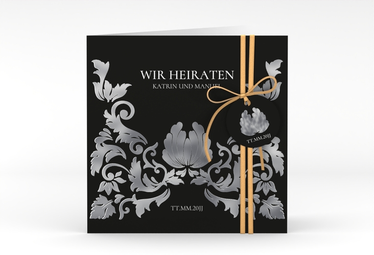 Hochzeitseinladung Royal quadr. Klappkarte schwarz silber mit barockem Blumen-Ornament