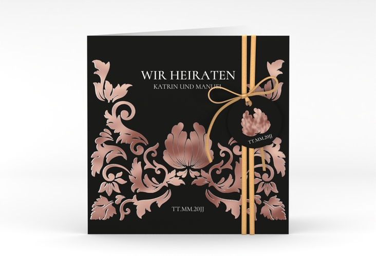 Hochzeitseinladung Royal quadr. Klappkarte schwarz rosegold mit barockem Blumen-Ornament