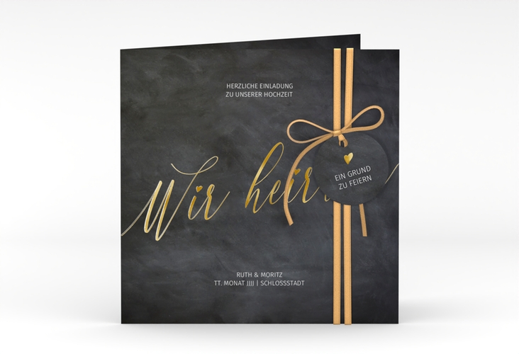 Hochzeitseinladung Chalkboard quadr. Klappkarte schwarz gold mit Folienveredelung