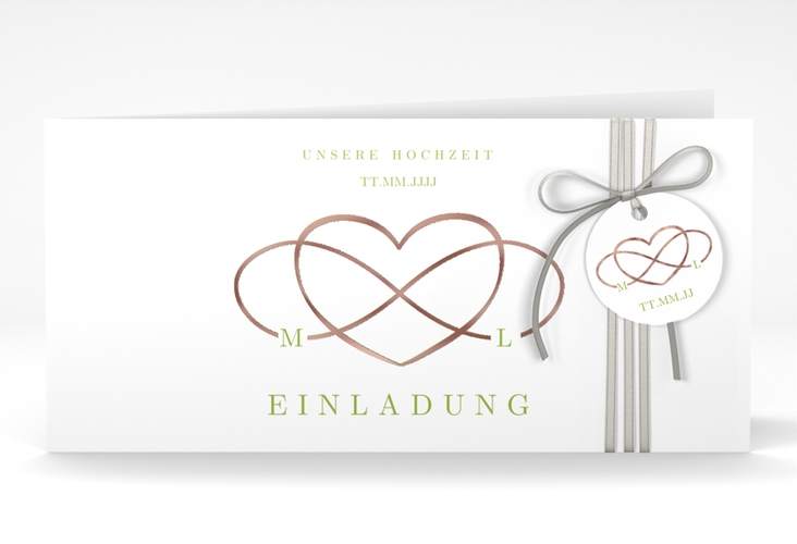 Hochzeitseinladung Infinity lange Klappkarte quer gruen rosegold