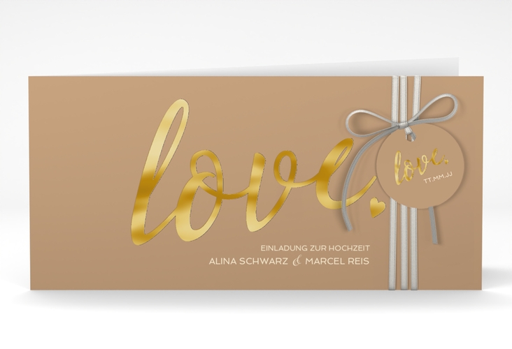 Hochzeitseinladung Glam lange Klappkarte quer beige gold